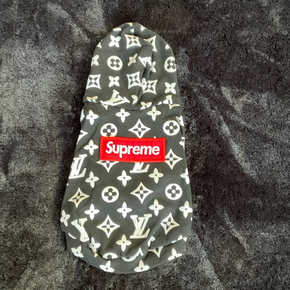 Supreme Black hoodie with White Monogram and Red Logo